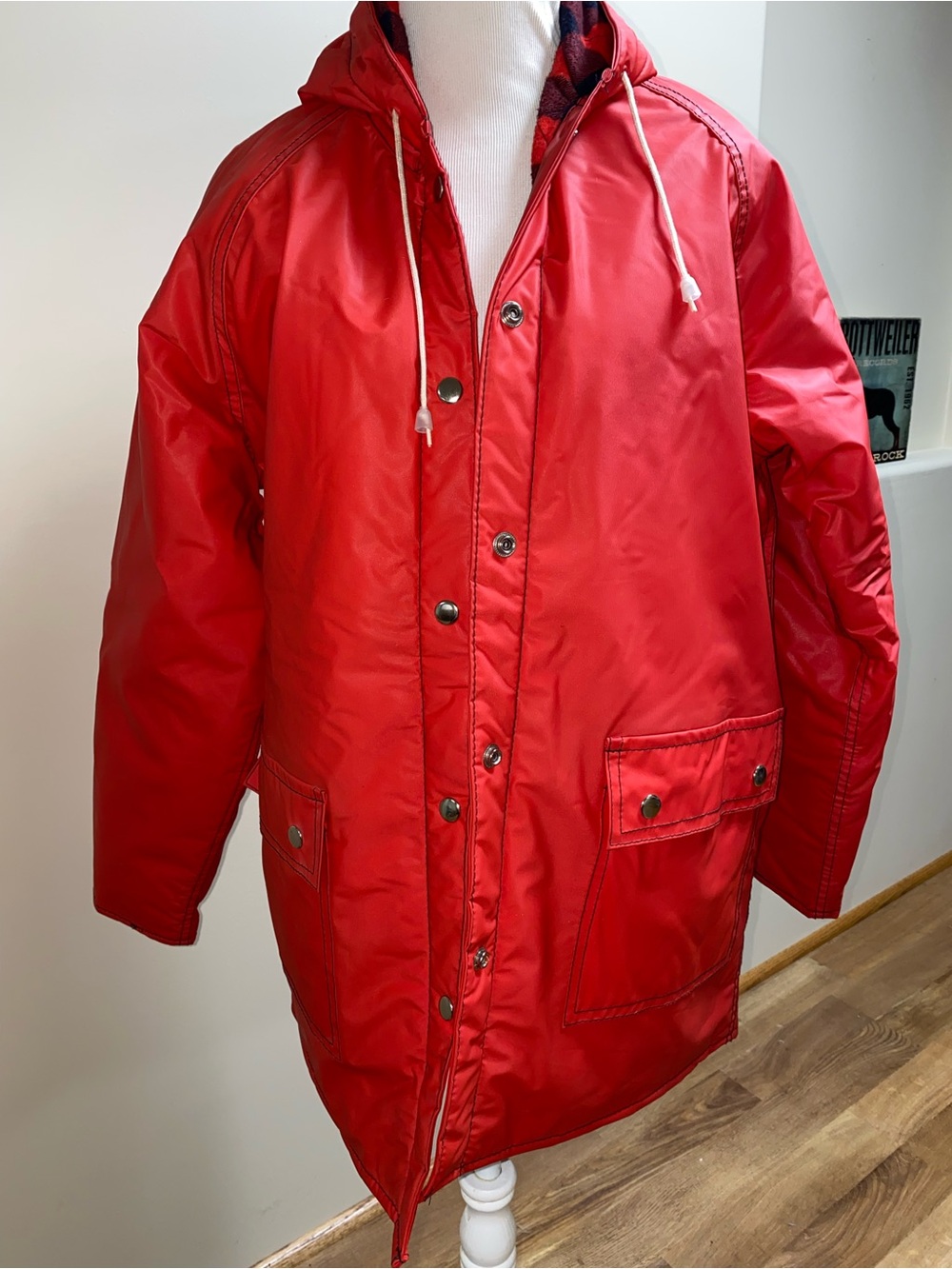Women’s Flannel Lined Red Hooded Raincoat Size M/L